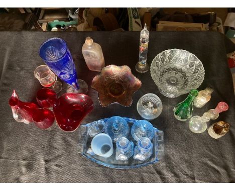 two boxes of assorted glass ware including carnival bowl, blue dressing table set and vase, 4 cranberry items, a sealed therm