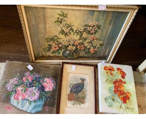  Two prints and two paintings to include; a framed study of flowers in a vase, two floral paintings and a framed print of a p