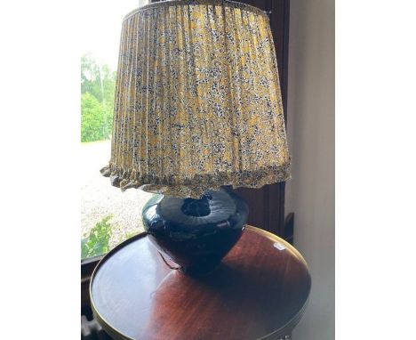 Large VERY heavy blue based lamp with ruched and frilled Liberty of London cotton shade lined in white sateen fabric    Heigh
