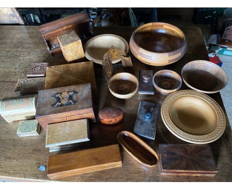 Collection of Treen and similar items&nbsp; &nbsp;10 lidded boxes,&nbsp; two blotters. caddy, letter rack, 7 bowls and a fram