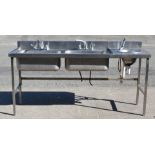1 x Stainless Steel Twin Wash Basin Unit Featuring Two Large Sink Basins with Mixer Taps & Upstand