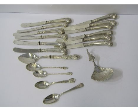 CONTINENTAL SILVER CADDY SPOON, also set of 6 pistol grip silver handled tea knives and other cutlery, mainly silver 