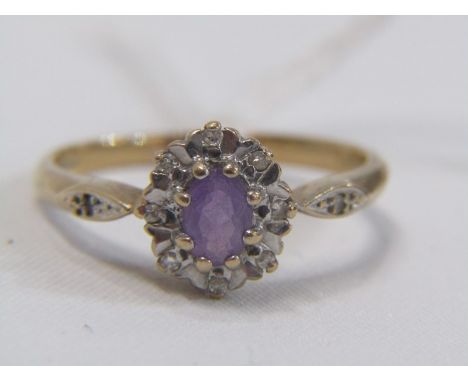 AMETHSYT CLUSTER RING, 9ct yellow gold ring set an oval amethyst in a cluster, size R 