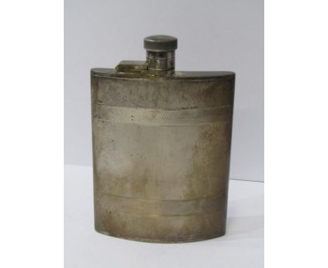 SILVER CURVED BODY HIP FLASK, engine turned decoration possibly Birmingham 1940, 159 grams 