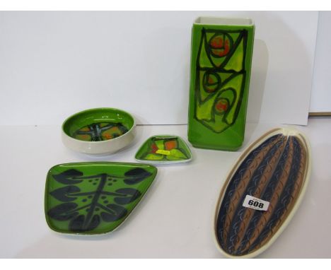 POOLE POTTERY, cucumber dish by Diane Holloway, also 4 pieces of green ground Aegan tableware, including vase by Cynthia Benn