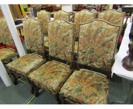 TAPESTRY UPHOLSTERED DINING CHAIRS, 8 French design high back dining chairs with shaped stretchers 