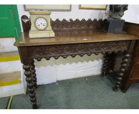 FLEMISH OAK HALL TABLE, a carved oak hall table on turned bobbin legs &amp; carved back plate, 127cm width 