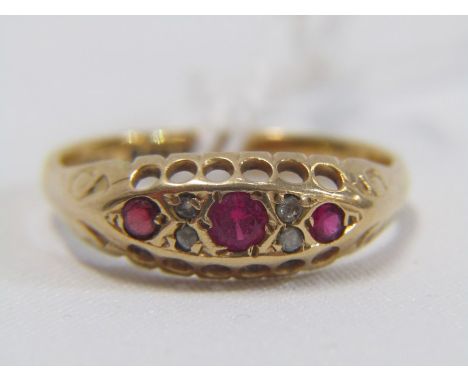 VINTAGE 22ct YELLOW GOLD RUBY &amp; DIAMOND BOAT STYLE RING, size M 