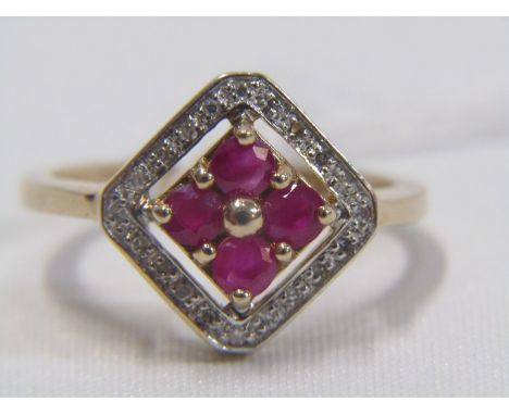 9ct YELLOW GOLD RUBY &amp; DIAMOND DECO DESIGN CLUSTER RING, 4 principal brilliant cut rubies, surrounded by accent brilliant