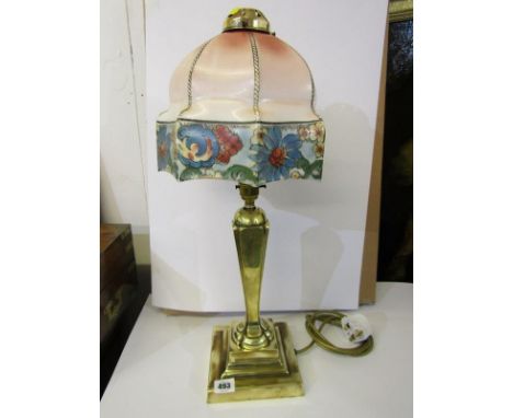VINTAGE LIGHTING, brass square base table lamp with Art Deco floral decorated octagonal milk glass shade, 54cm height 