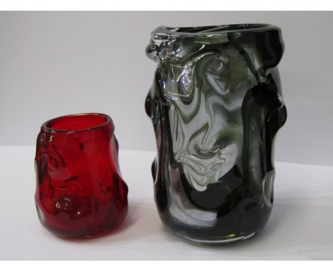WHITEFRIARS, smokey knobbly design 22cm vase and similar ruby glass, 13cm vase 