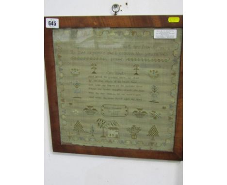REGENCY NEEDLEWORK SAMPLER, by Mary Trenfield dated 1816 with verse "On Youth", 31cm x 30cm 