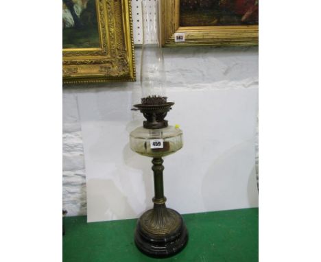 ANTIQUE OIL LAMP, late Victorian brass column cut glass reservoir oil lamp 