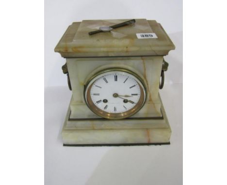 ANTIQUE CLOCK, onyx mantel clock with twin lion mask ring drop side handles with French striking movement and key, 22cm heigh