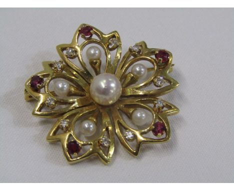 QUALITY PEARL DIAMOND &amp; RUBY BROOCH, 18ct yellow gold brooch set pearls, diamonds and rubies in a flower setting, approx 