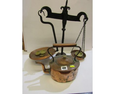METALWARE, antique cast iron balance kitchen scales with 5 brass slab weights; together with antique copper oval based kettle