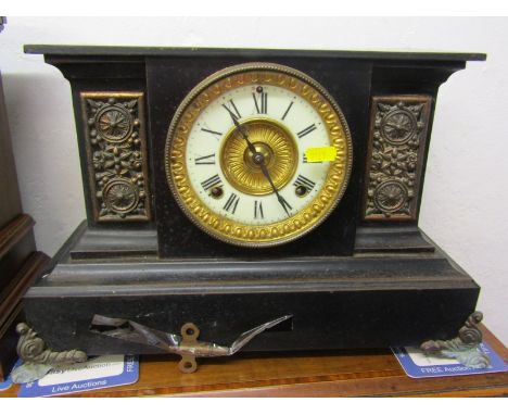 EDWARDIAN MANTEL CLOCK, enamelled mantel clock with gilt detailed clock face and key, 41cm width 