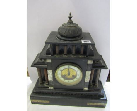 ANTIQUE MANTEL CLOCK, inlaid black marble architectual design mantel clock with presentation inscription dated 1912, 43cm hei