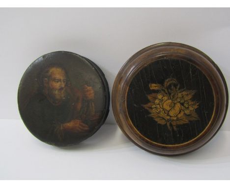 TREEN, pair of Sorrento marquetry dressing table candlesticks; together with 19th Century papier mache circular lidded snuff 