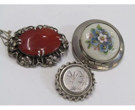 3 VINTAGE SILVER BROOCHES, 1 enamel, 1 carnelian, other depicting bird in flight 