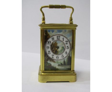 CARRIAGE CLOCK, attractive topographical painted panelled carriage clock with coiled bar strike, decorated with 3 riverscapes