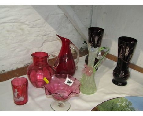 CRANBERRY GLASS, crinoline edge cream dish, jug, also pair of ruby case vases &amp; 3 other pieces of coloured glassware 