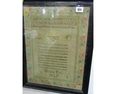ANTIQUE NEEDLEWORK SAMPLER, coloured silk sampler by Elizabeth Perks 1827, with "God be to God on high" text, 43cm x 32cm 