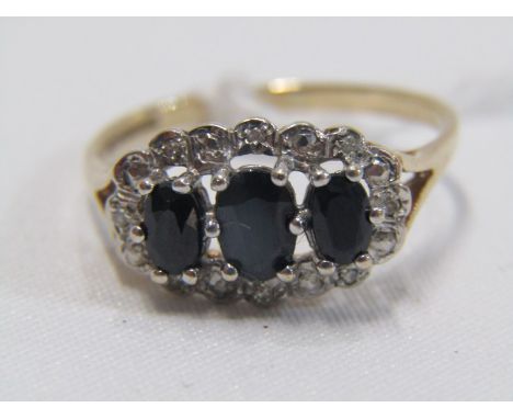 9ct YELLOW GOLD 3 STONE SAPPHIRE &amp; DIAMOND RING, 3 principal oval graduated sapphires, surrounded by a halo of illusion s