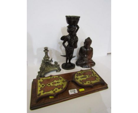 VICTORIAN EXTENDING BOOK RACK, brass detailed decoration, together with plated epergne base and 2 wooden carvings 