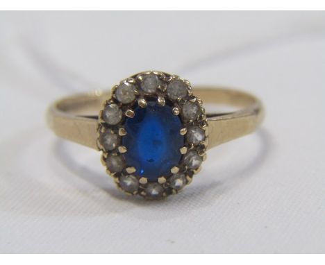 SAPPHIRE CLUSTER RING, central oval sapphire set in a cluster on 9ct yellow gold, size Q/R 