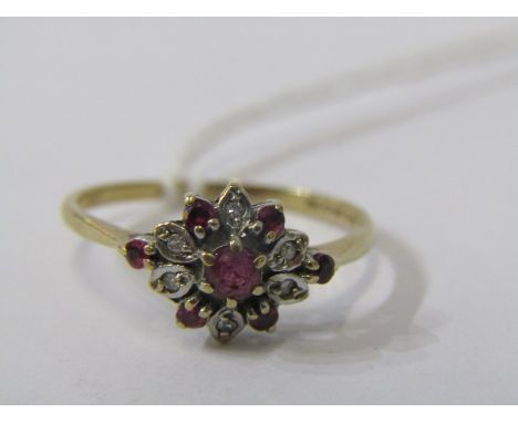 9ct YELLOW GOLD RUBY &amp; DIAMOND CLUSTER RING, size N/O 