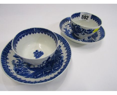 18th CENTURY WORCESTER, "Fisherman" pattern tea bowl and saucer; together with 1 similar (saucer with severe fracture) 