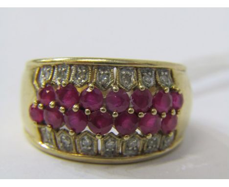 9ct YELLOW GOLD RUBY &amp; DIAMOND ETERNITY CLUSTER STYLE RING, approx. 5.3 grams 