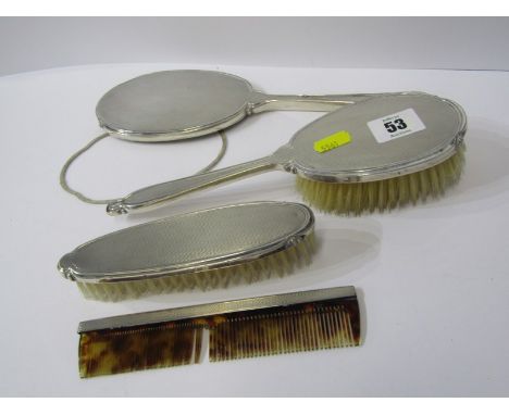 SILVER DRESSING TABLE SET, engine turned decorated hand mirror, 2 brushes and comb (some damage) 