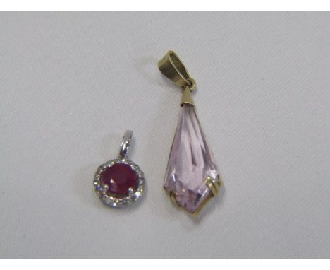 2 PENDANTS, ruby and diamond circular pendant, together with a 9ct gold pear shaped pendant 