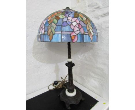 LIGHTING, Tiffany-style leaded glass large shade, on ornate metal writhen column table lamp, 82cm height 