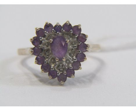 AMETHYST RING, 9ct yellow gold ring set a cluster of amethysts in a heart shape setting, size Q/R 