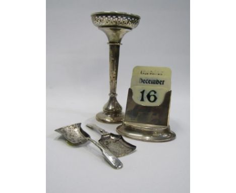 SILVER CALENDAR, oval silver card calendar with weighted base Sheffield HM, a filled silver spill vase 20 cms high and 2 cadd