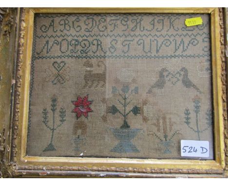EARLY 19TH CENTURY SAMPLER, with alphabet animal &amp; floral decoration, 20cm x 25cm, in period gilt frame
