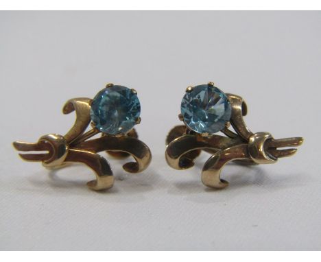 9ct GOLD EARRINGS, boxed pair of 9ct yellow gold earrings, set circular blue zircons, retailer Mappin &amp; Webb 