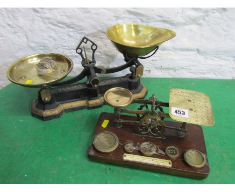 ANTIQUE SCALES, tabletop postal balance scales with 5 graduated weights (1oz = 1penny) also kitchen class 2 tabletop scales w