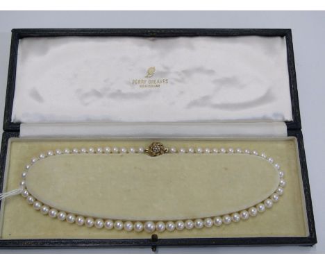 QUALITY GRADUATED PEARL NECKLACE, with 18ct yellow gold clasp set ruby and pearl, retailed by Perry Greaves, Birmingham, 17" 