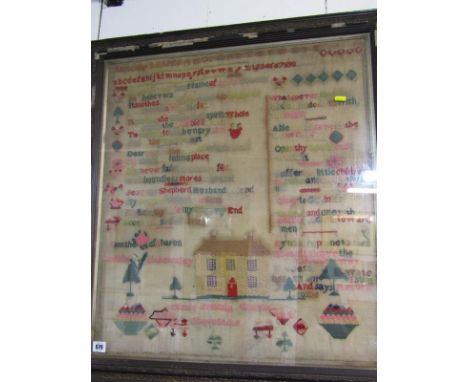 VICTORIAN SAMPLER, coloured embroidered sampler by Minnie Weare of Chawstoke, 57cm x 62cm 