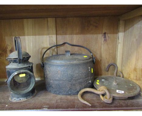 VINTAGE RAILWAY LANTERN, also cast iron lidded swing handled casserole &amp; Salter's no.20T spring balance 