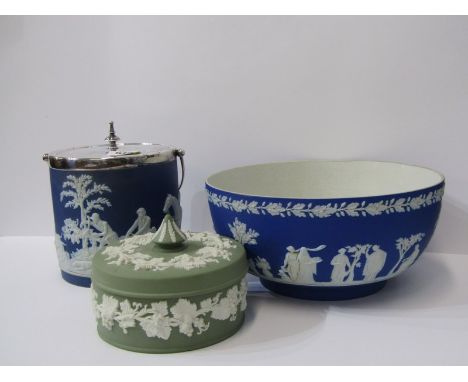 WEDGWOOD JASPERWARE, 19th Century classical design jasperware fruit bowl: also similar hunting design biscuitier &amp; green 