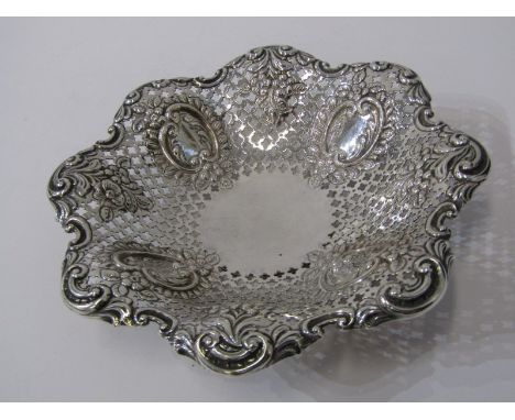 VICTORIAN SILVER SWEET MEAT DISH, ornate floral and foliate embossed pierced sweet meat dish, Sheffield 1895, maker JD &amp; 