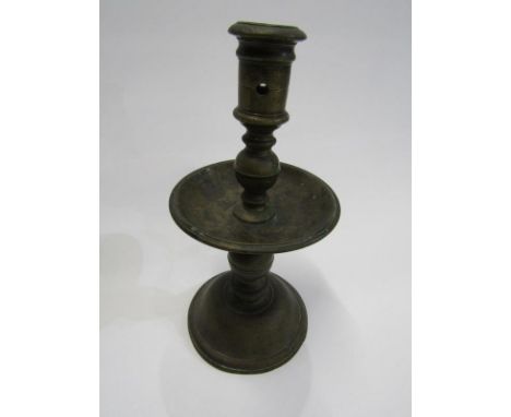EARLY METALWARE, early brass circular Heemskerk style candlestick with wide sconce 22cm 