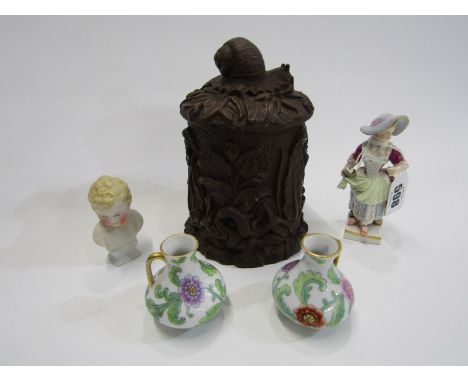CONTINENTAL POTTERY, lidded tabacco jar with reptile and snail relief decoration, 15cm height, also Continental porcelain min