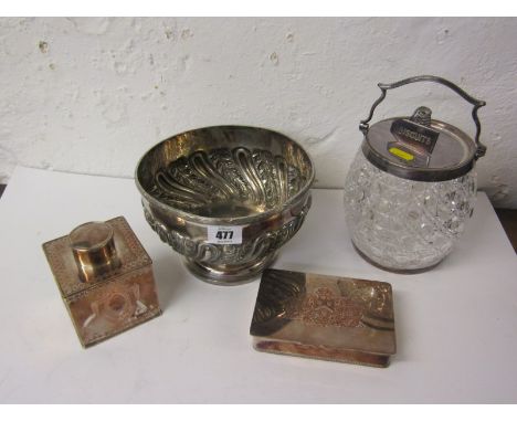 SILVERPLATE, ornate foliate embossed fruit bowl, also cut glass biscuitier plated copper tea caddy &amp; cigarette box 