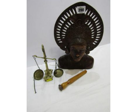 BALINESE CARVED BUST OF YOUNG LADY WITH HEAD DRESS; brass small balance scales with weights and "The Sanitary Hair Puffer" 